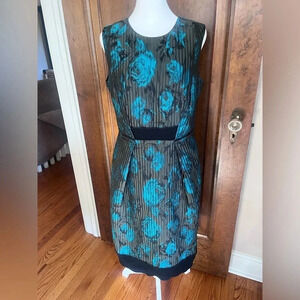 Carmen Marc Valvo Gray and Blue Floral Sleeveless Midi Dress Women Size 8
